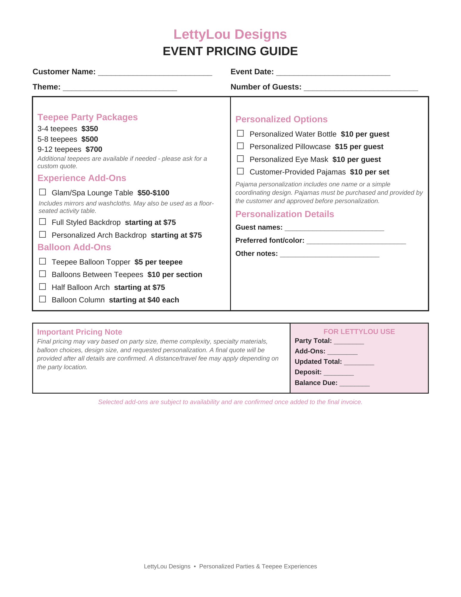 LettyLou Designs Event Pricing Guide